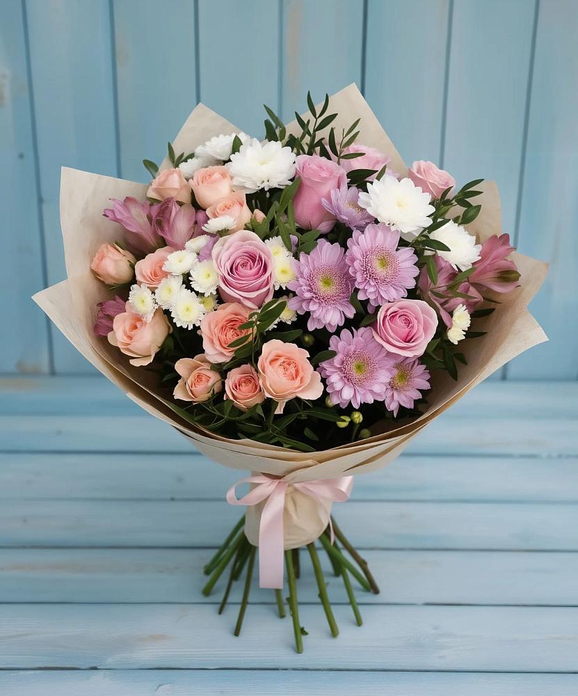 Букет цветов из: Хризантемы, Розы и Альстромерии в Первомайском Челябинской области