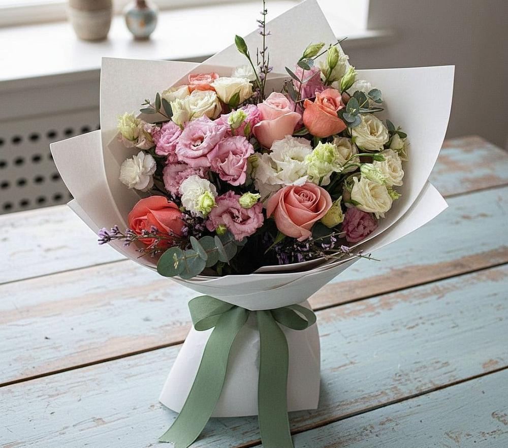 Букет цветов из: Розы, Лизиантусы и Гвоздики в Первомайском Челябинской области