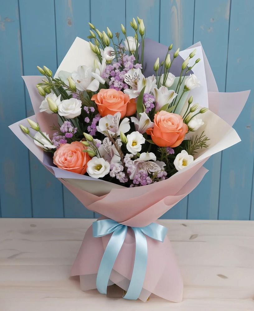 Букет цветов из: Лизиантусы, Розы, Альстромерии и Гипсофила в Первомайском Челябинской области