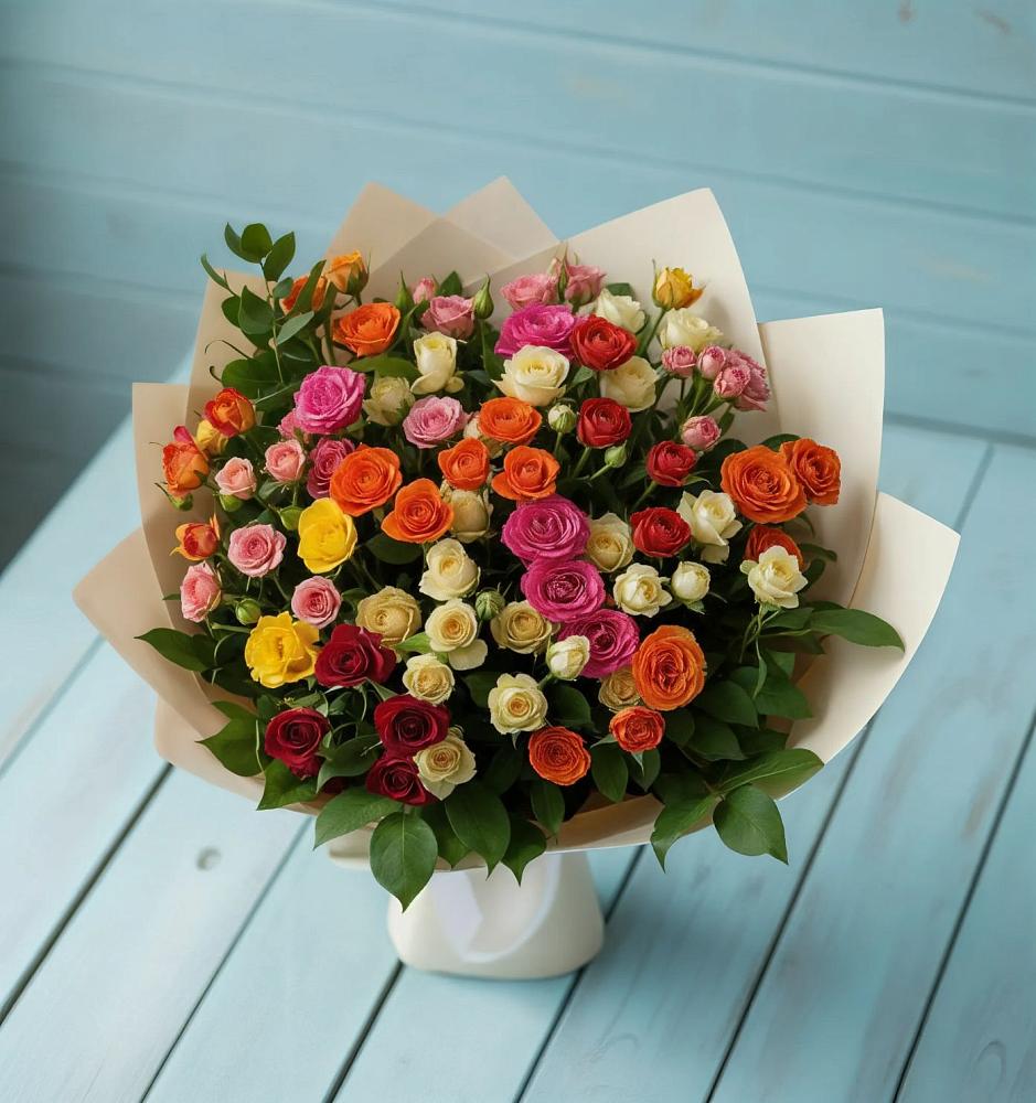 Букет Микс из разноцветных кустовых роз в Первомайском Челябинской области