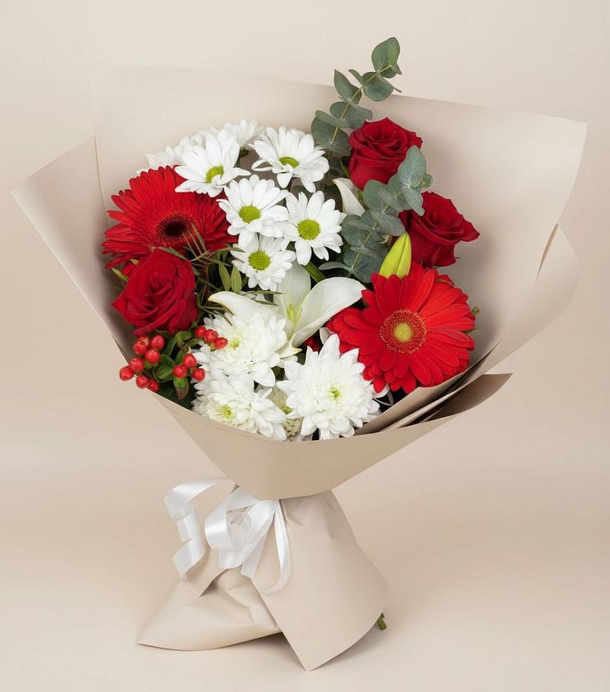 Букет цветов из: Розы, Хризантемы, Герберы и Лилии в Первомайском Челябинской области